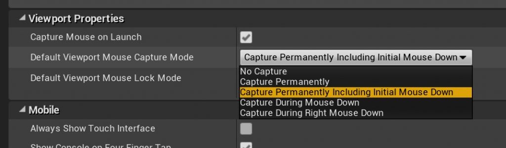 List of values for Default Viewport Mouse Capture mode